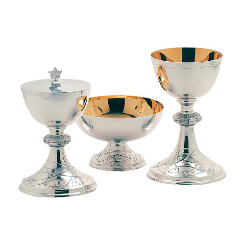 Chalice ciborium and bowl paten by Molina, fish pattern, silver-plated brass 1