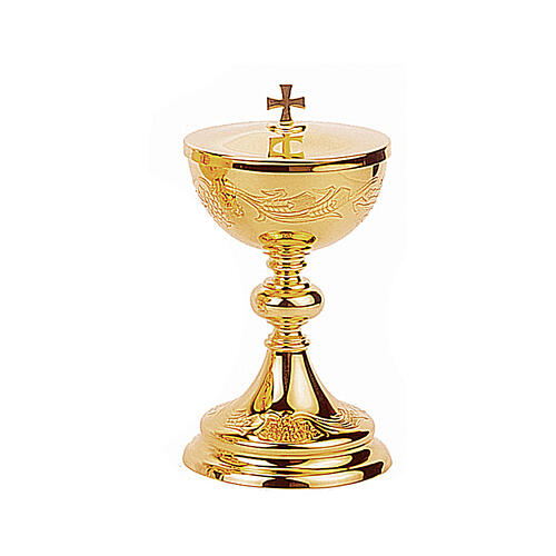 Set of chalice ciborium and paten bowl, Molina, gold plated brass, grapes and wheat 3