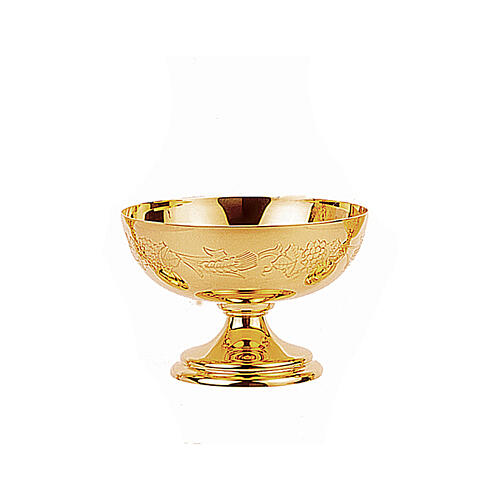 Set of chalice ciborium and paten bowl, Molina, gold plated brass, grapes and wheat 4