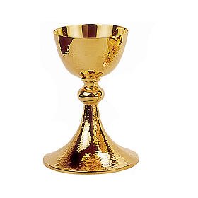 Set of chalice ciborium and paten bowl, Molina, hammered gold plated brass