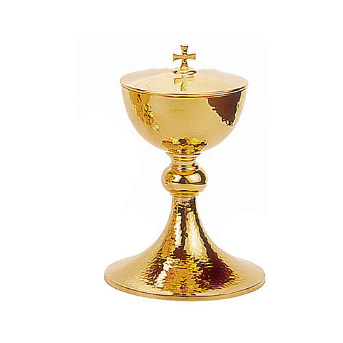 Set of chalice ciborium and paten bowl, Molina, hammered gold plated brass 3