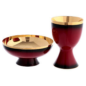 Set of chalice, ciborium and bowl paten by Molina, fired enamel and gold plated brass
