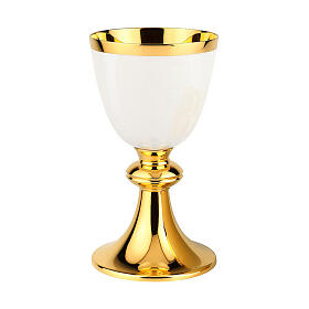 Set of chalice ciborium and paten bowl, Molina, ivory-coloured enamelled brass