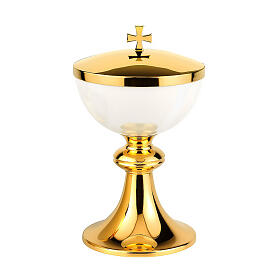 Set of chalice ciborium and paten bowl, Molina, ivory-coloured enamelled brass