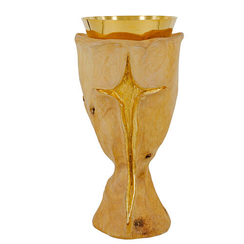 Wooden Crucifix Chalice and carved wooden paten with gold plated bowl 1