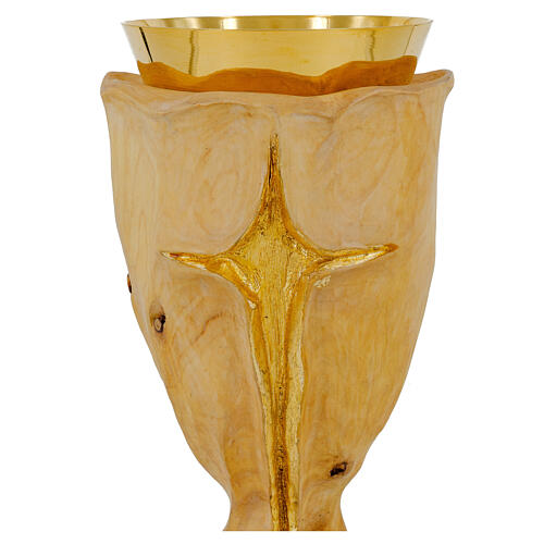 Wooden Crucifix Chalice and carved wooden paten with gold plated bowl 3