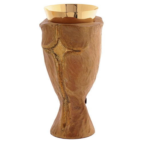 Wooden Crucifix Chalice and carved wooden paten with gold plated bowl 8