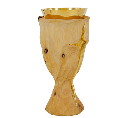 Calice Crocifisso in legno e patena con legno intagliato e finitura dorata 4