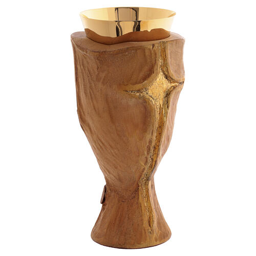 Calice Crocifisso in legno e patena con legno intagliato e finitura dorata 7