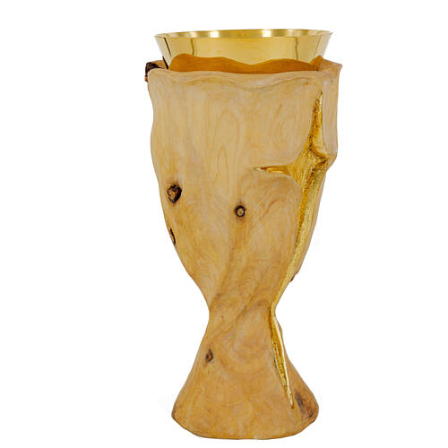 Chalice crucifix in wood and paten with carved wood and golden finish 4