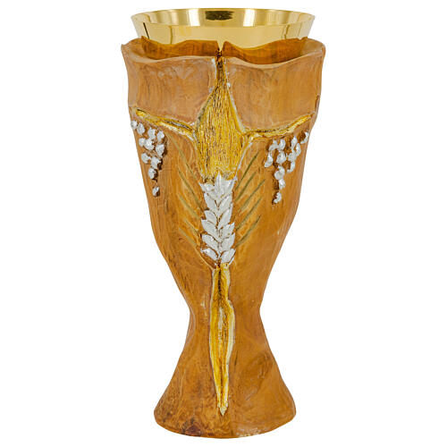 Crucifix chalice with ear of wheat and grapes, golden finish, h 7 in 1