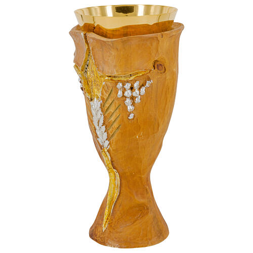 Crucifix chalice with ear of wheat and grapes, golden finish, h 7 in 3