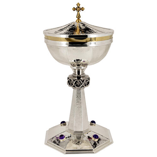 Octagonal ciborium with crown of thorns and amethysts, silver-plated, h 10 in 1