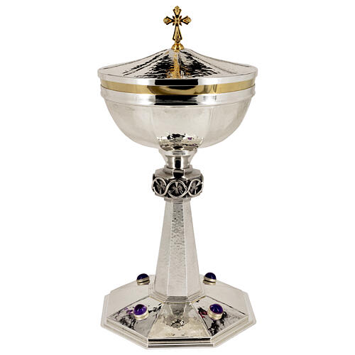 Pisside ottagonale croce di spine con ametiste argentata 25 cm 1