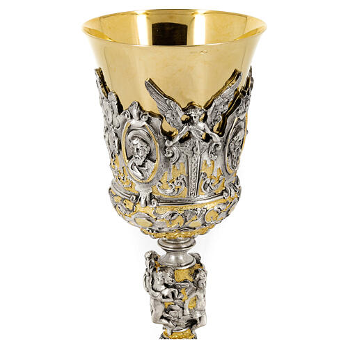 Kelch, barocker Stil, Christus, Maria, Evangelisten, Messing vergoldet/versilbert, 25 cm 2