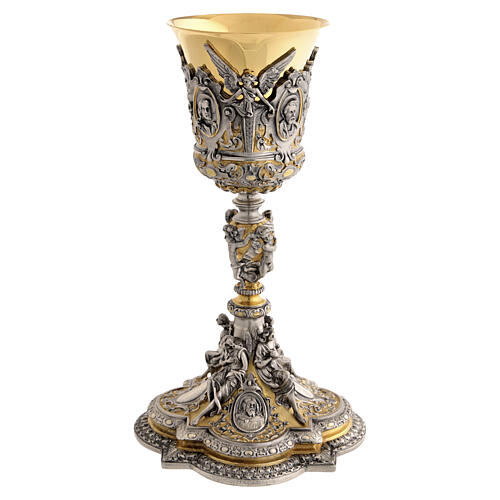 Kelch, barocker Stil, Christus, Maria, Evangelisten, Messing vergoldet/versilbert, 25 cm 1