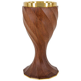 Walnut chalice and offertory paten, 12 sides, gilt finish