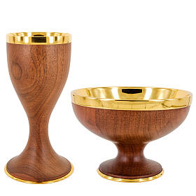 Walnut chalice and offertory paten with gilt finish