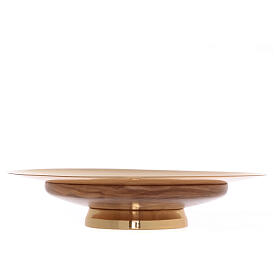Brass paten with gold plating and olivewood bottom, 6 in diameter