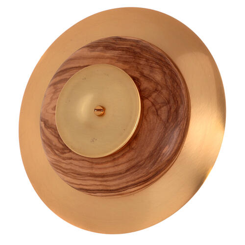 Brass paten with gold plating and olivewood bottom, 6 in diameter 3