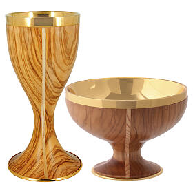 Chalice and bowl paten, olivewood and gold plated brass