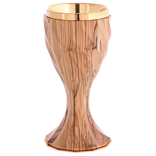 Large olivewood chalice, twelve-sided twisted body, gold plating, h 8 in 1