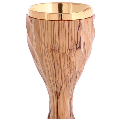 Large olivewood chalice, twelve-sided twisted body, gold plating, h 8 in 3