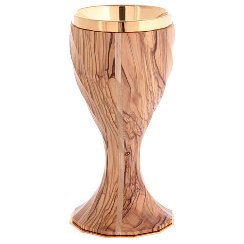 Large olivewood chalice, twelve-sided twisted body, gold plating, h 8 in 4