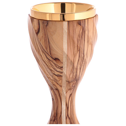 Large olivewood chalice, twelve-sided twisted body, gold plating, h 8 in 5