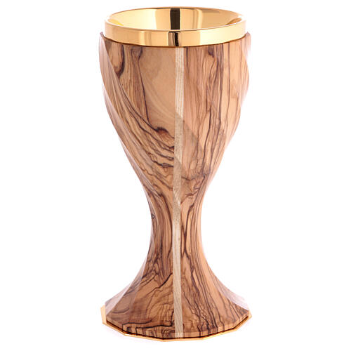 Large olivewood chalice, twelve-sided twisted body, gold plating, h 8 in 6
