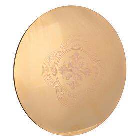 Gold plated brass paten with engraved cross, flowers and vines by Molina, 5.5 in diameter