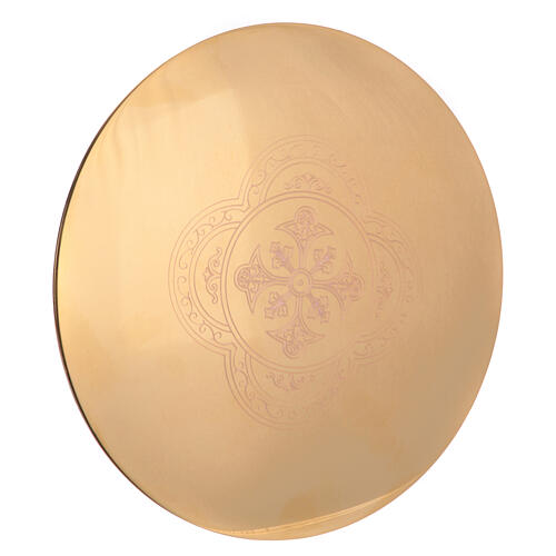 Gold plated brass paten with engraved cross, flowers and vines by Molina, 5.5 in diameter 1
