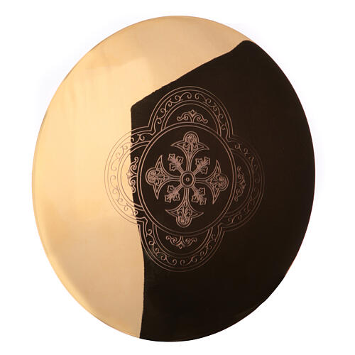 Gold plated brass paten with engraved cross, flowers and vines by Molina, 5.5 in diameter 4