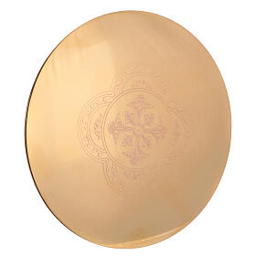 Patena ottone dorato croce incisa fiori tralci Molina diam 14 cm