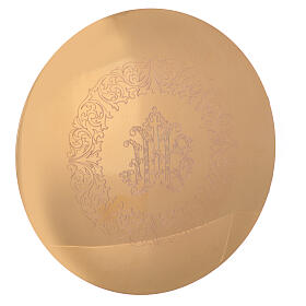 Molina paten with Baroque IHS engraving and vines, 5.5 in diameter, gold plated brass