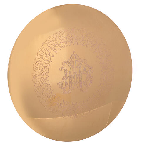 Molina paten with Baroque IHS engraving and vines, 5.5 in diameter, gold plated brass 2