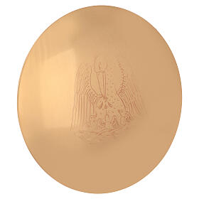 Molina paten with pelican engraving, 5.5 in diameter, gold plated brass