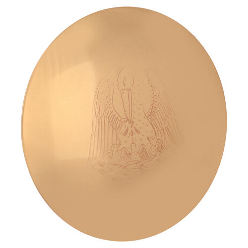 Patena gravura pelicano Molina latão dourado 14 cm 1