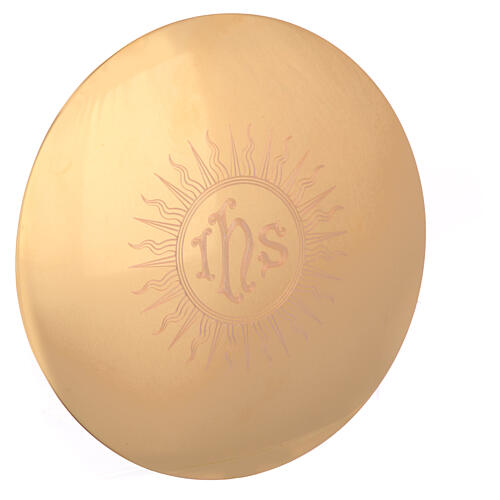 Molina paten with IHS engraving in a shining sun, 5.5 in diameter, gold plated brass 2