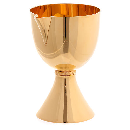 Molina chalice with embossed crosses on the node and spout, gold plated brass, 5 in diameter 1