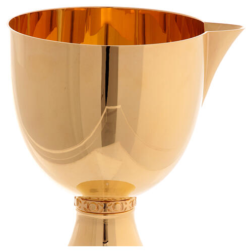 Molina chalice with embossed crosses on the node and spout, gold plated brass, 5 in diameter 5