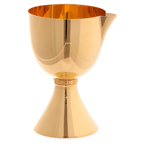 Molina chalice with embossed crosses on the node and spout, gold plated brass, 5 in diameter 7