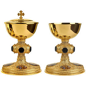 Molina chalice ciborium and paten with onyx node and enamelled medallions, gold plated brass