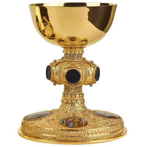 Molina chalice ciborium and paten with onyx node and enamelled medallions, gold plated brass 2