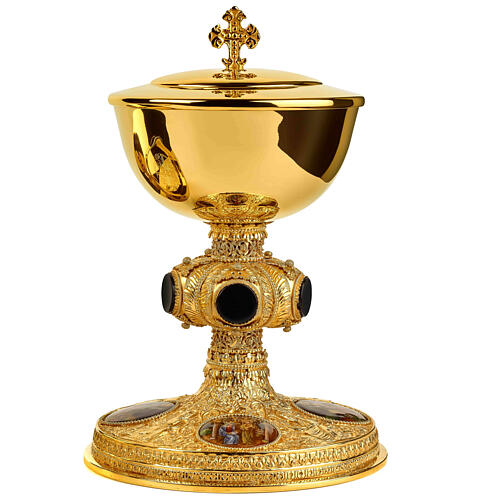 Molina chalice ciborium and paten with onyx node and enamelled medallions, gold plated brass 3