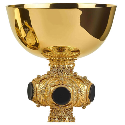 Molina chalice ciborium and paten with onyx node and enamelled medallions, gold plated brass 4