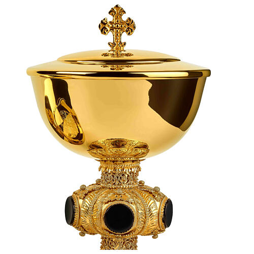 Molina chalice ciborium and paten with onyx node and enamelled medallions, gold plated brass 5