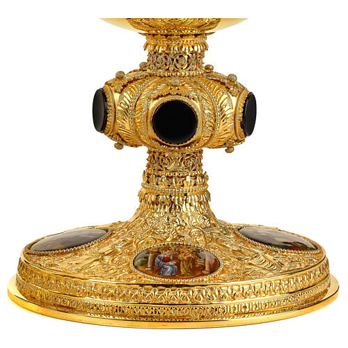 Molina chalice ciborium and paten with onyx node and enamelled medallions, gold plated brass 7