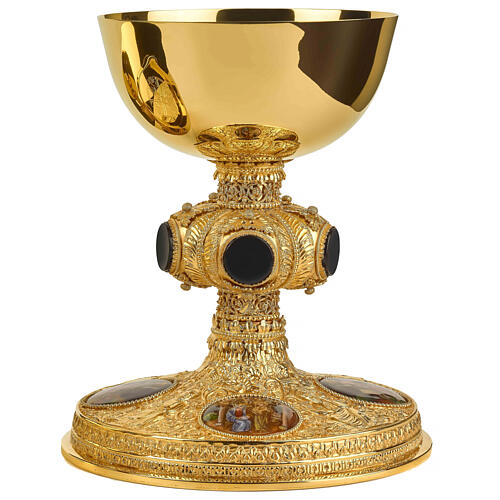 Calice pisside patena nodo onice ottone dorato medaglioni smalto Molina 2