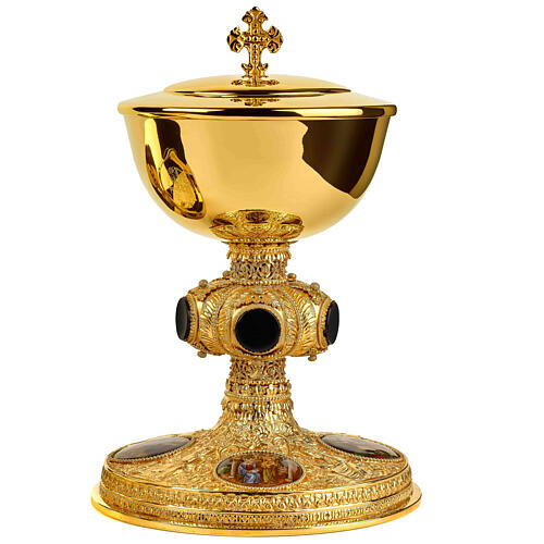 Calice pisside patena nodo onice ottone dorato medaglioni smalto Molina 3